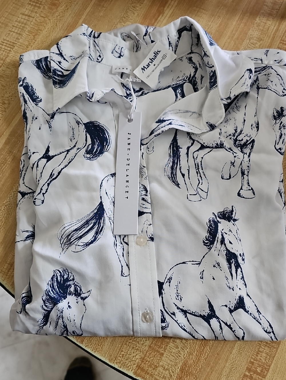 Jane and Delancey White Button-Down Shirt with Navy Horse Print
